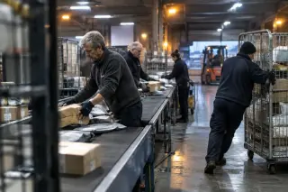 Fin de nuit dans un centre de tri de colis : des trieurs expérimentés chargent des cages à roulettes le long d’un convoyeur