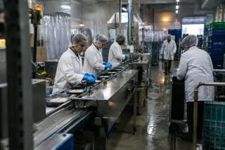 Équipe de nuit dans une usine agroalimentaire : opératrices en blouse et charlotte le long d’une ligne de conditionnement